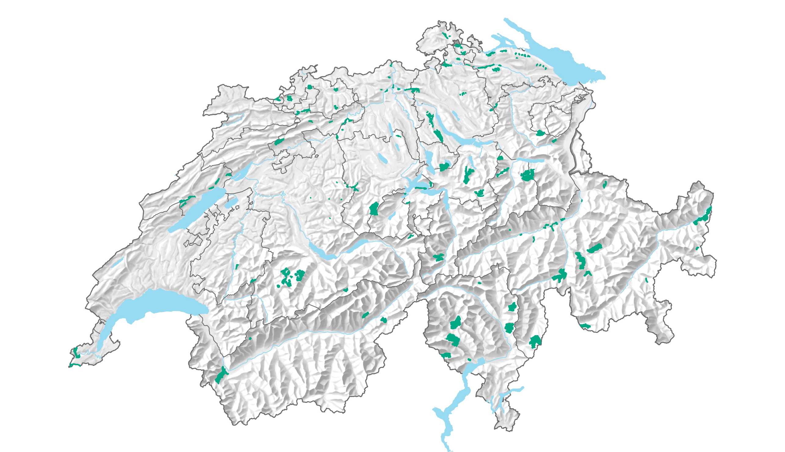 Vergrösserte Ansicht: Karte aller gesicherten Schweizer Generhaltungsgebiete (Anzahl 115, Stand 16.11.2023, identisch mit nachfolgender Tabelle)
